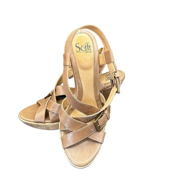 Sofft Women\'s Brown Leather Slingback Wedge Sandals Brown Size 8.5